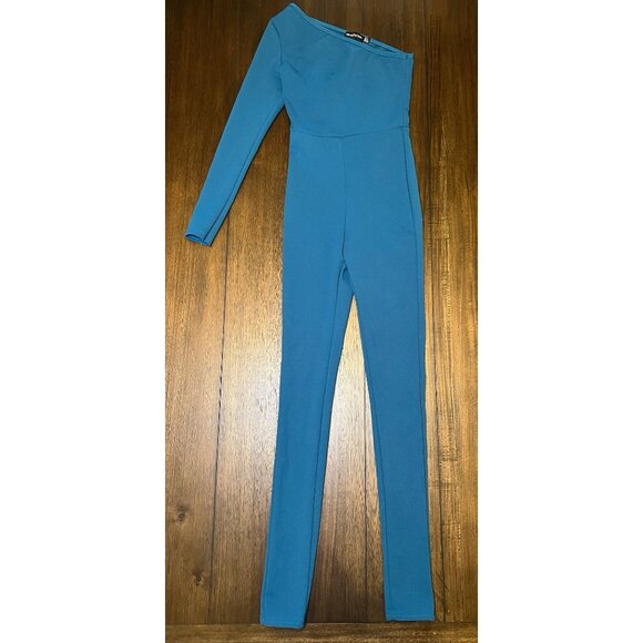 Pretty Little Thing Sz 0 One Shoulder Blue Turquoise Jumpsuit - Picture 1 of 3